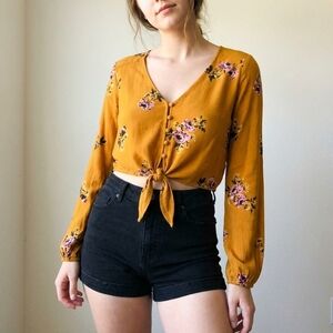 Wild Fable Womens XS/S Top Long Sleeve Cropped Rust Color Boho Floral Tie Front